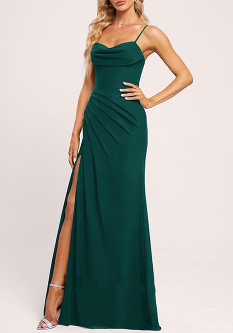 Emerald Cowl Neck Floor-Length Ruffled Georgette Gown