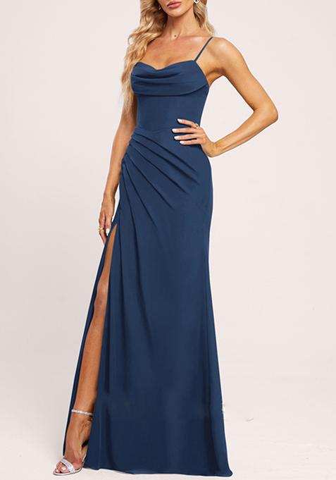 Navy Blue Cowl Neck Floor-Length Ruffled Georgette Gown