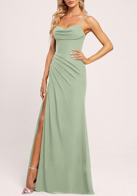 Pale Green Cowl Neck Floor-Length Ruffled Georgette Gown