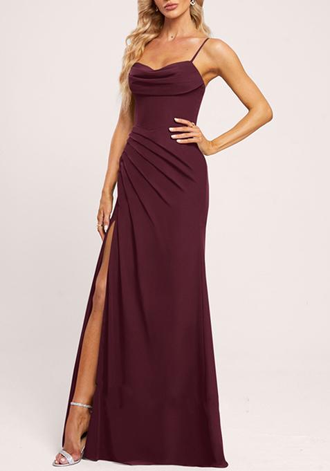 Wine Cowl Neck Floor-Length Ruffled Georgette Gown