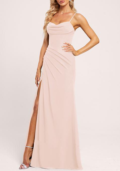 Blush Pink Cowl Neck Floor-Length Ruffled Georgette Gown