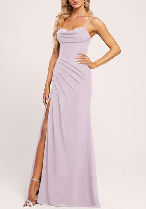 Dusty Lavender Cowl Neck Floor-Length Ruffled Georgette Gown