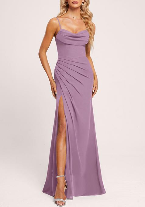 Lavender Cowl Neck Floor-Length Ruffled Georgette Gown