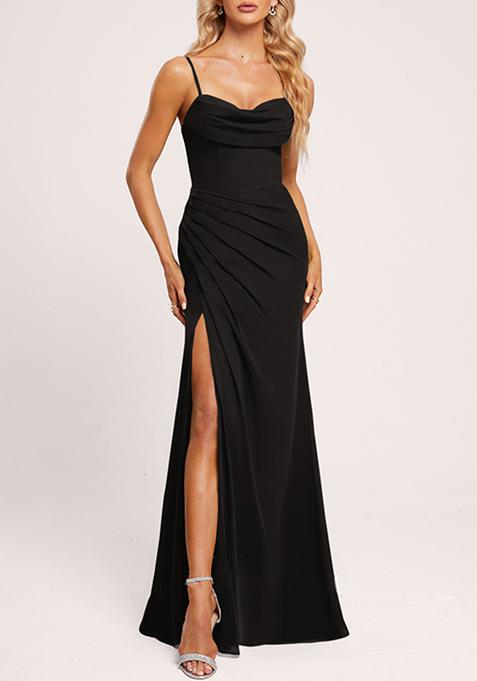 Black Cowl Neck Floor-Length Ruffled Georgette Gown