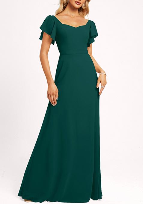 Emerald Green Ruffled V-Neck A-line Chiffon Gown