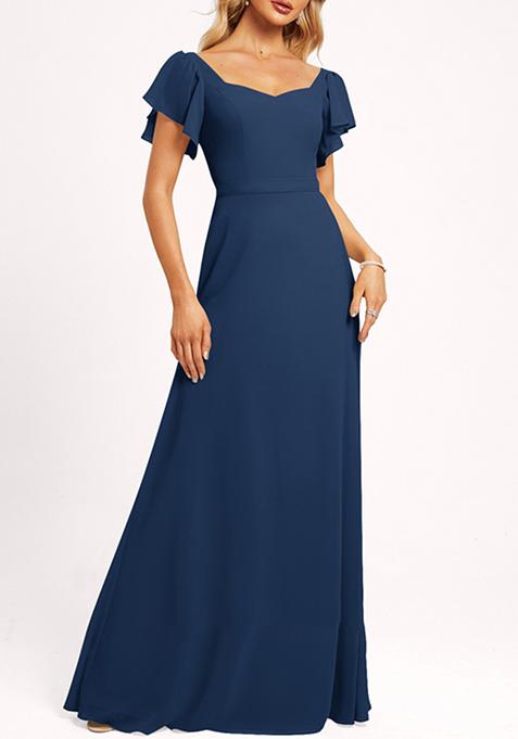 Navy Blue Ruffled V-Neck A-line Chiffon Gown