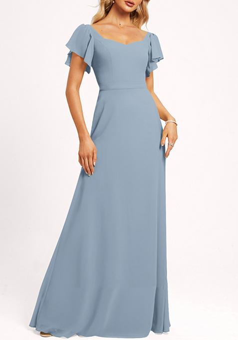 Dusty Blue Ruffled V-Neck A-line Chiffon Gown