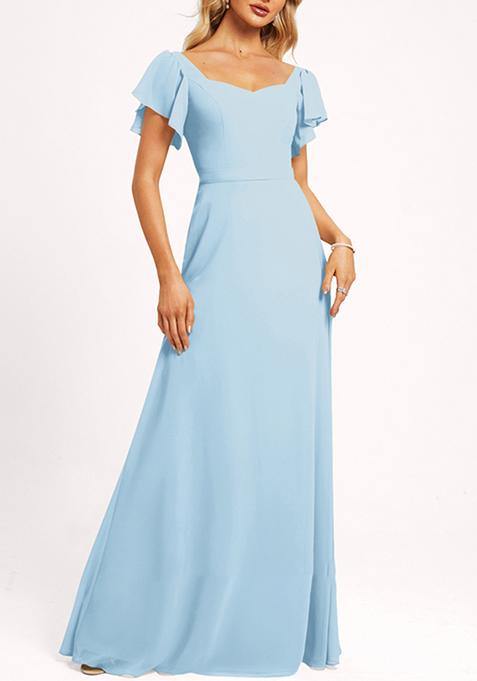 Sky Blue Ruffled V-Neck A-line Chiffon Gown