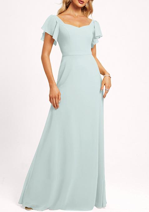 Sky Blue Ruffled V-Neck A-line Chiffon Gown