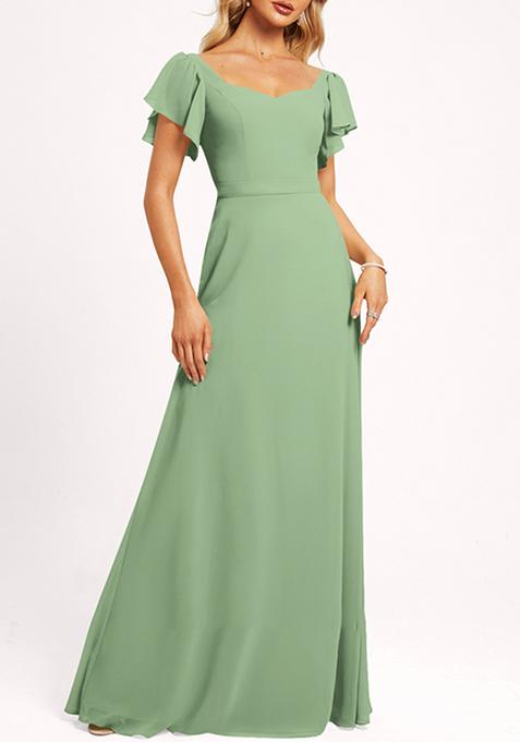 Green Ruffled V-Neck A-line Chiffon Gown