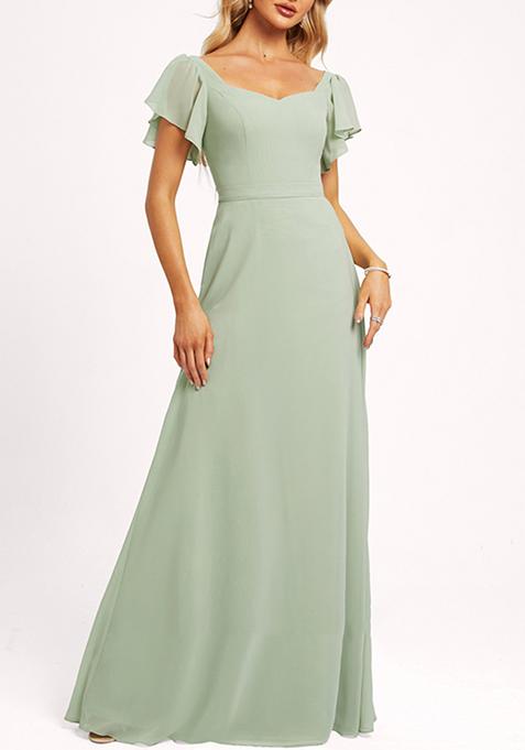 Green Ruffled V-Neck A-line Chiffon Gown