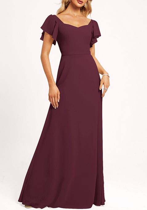 Purple Ruffled V-Neck A-line Chiffon Gown