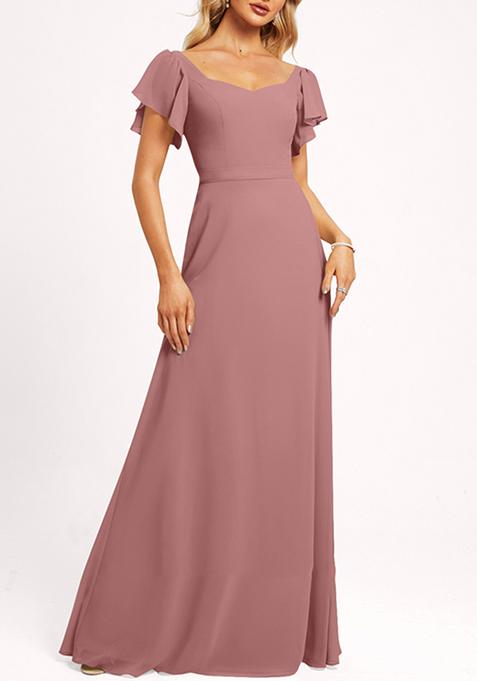 Desert Rose Ruffled V-Neck A-line Chiffon Gown