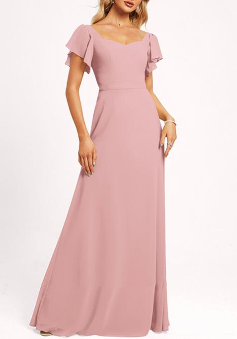 Blush Pink Ruffled V-Neck A-line Chiffon Gown