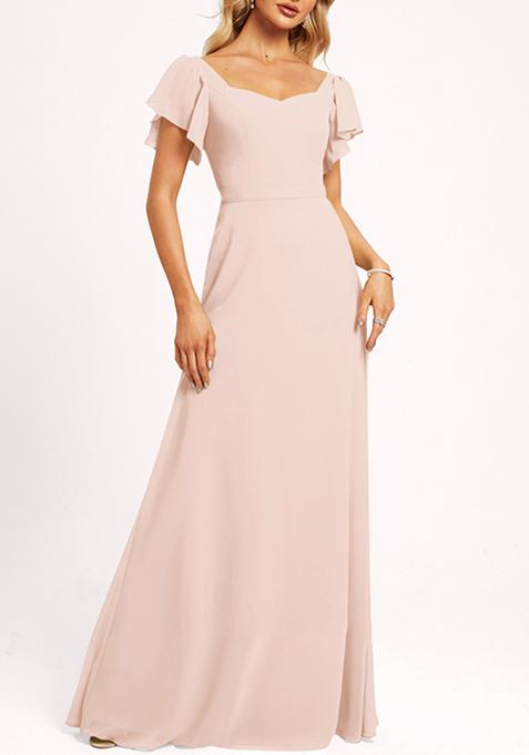 Blush Pink Ruffled V-Neck A-line Chiffon Gown