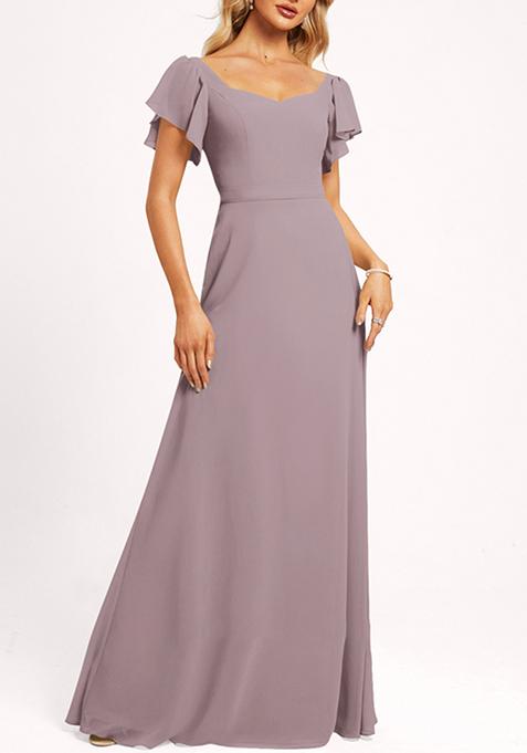 Purple Ruffled V-Neck A-line Chiffon Gown