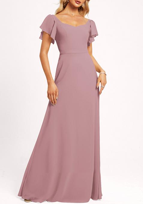 Vintage Mauve Ruffled V-Neck A-line Chiffon Gown