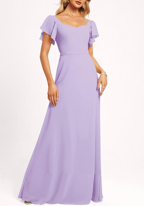 Lilac Ruffled V-Neck A-line Chiffon Gown