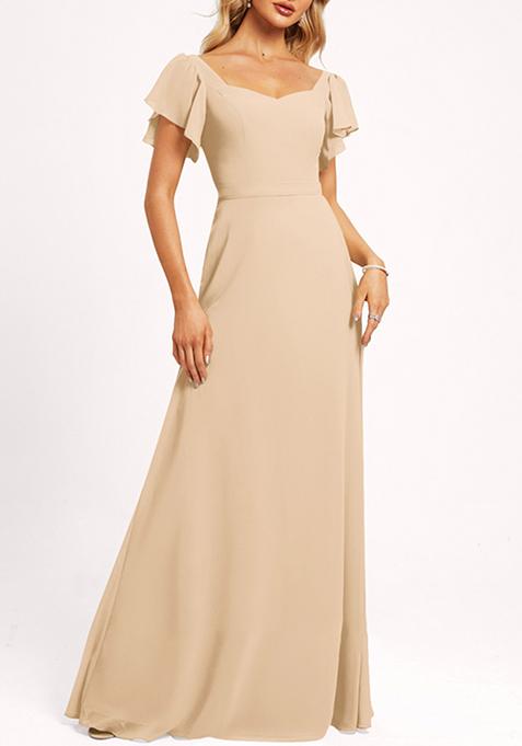 Beige Ruffled V-Neck A-line Chiffon Gown