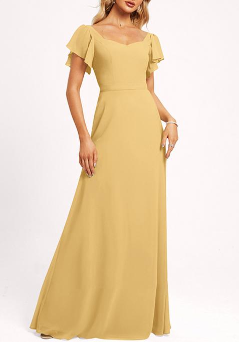 Gold Ruffled V-Neck A-line Chiffon Gown