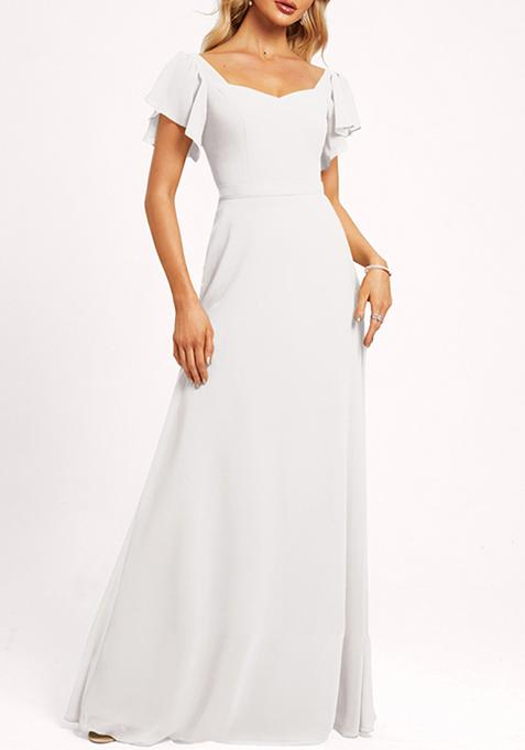 Ivory Ruffled V-Neck A-line Chiffon Gown