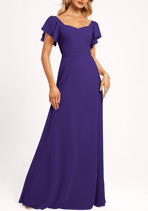 Purple Ruffled V-Neck A-line Chiffon Gown