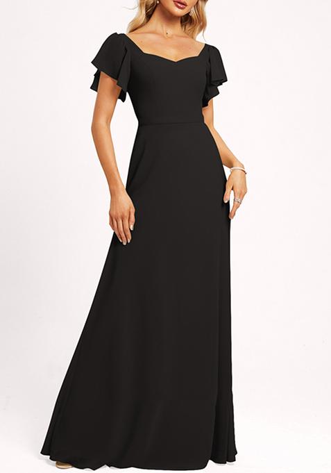 Black Ruffled V-Neck A-line Chiffon Gown