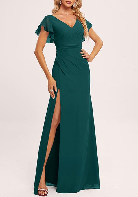 Peacock Green Ruffled V-Neck A-line Chiffon Gown