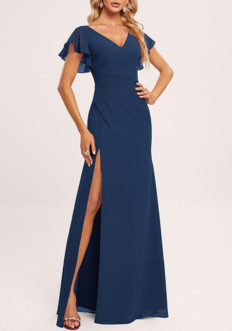 Navy Blue Ruffled V-Neck A-line Chiffon Gown