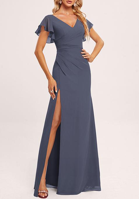 Blue Ruffled V-Neck A-line Chiffon Gown