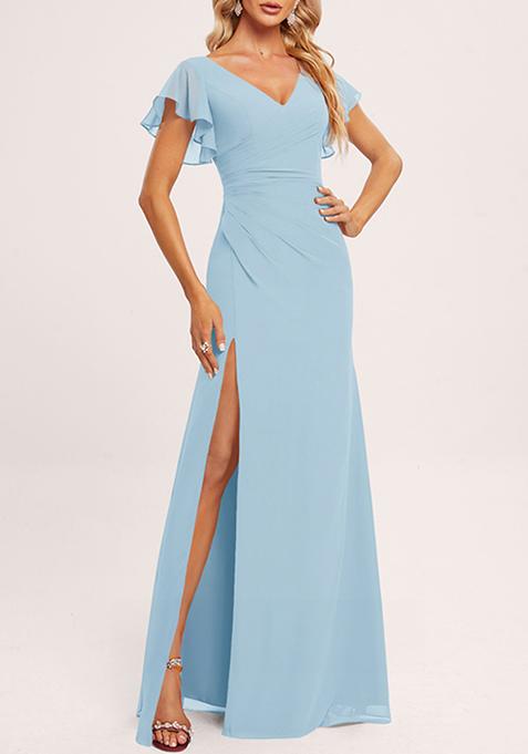 Sky Blue Ruffled V-Neck A-line Chiffon Gown