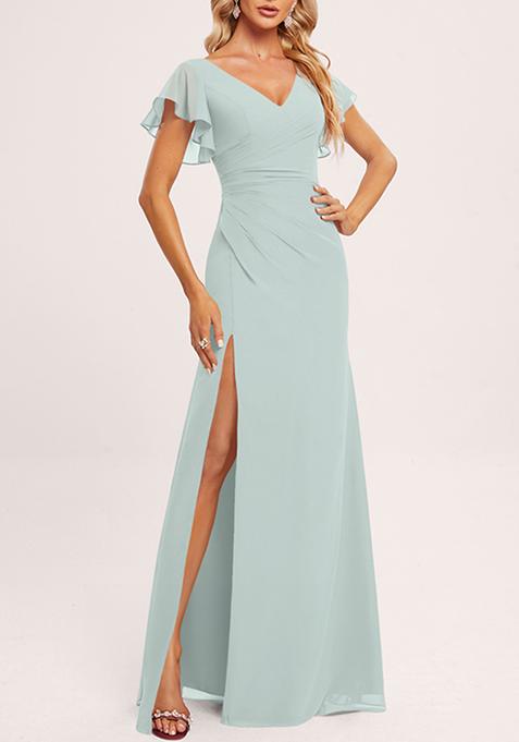 Sky Blue Ruffled V-Neck A-line Chiffon Gown