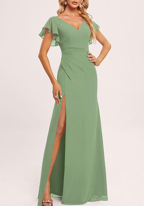 Green Ruffled V-Neck A-line Chiffon Gown