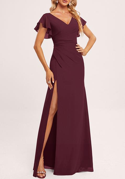 Purple Ruffled V-Neck A-line Chiffon Gown