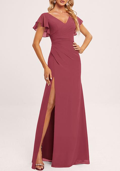 Cinnamon Rose Ruffled V-Neck A-line Chiffon Gown