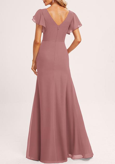 Desert Rose Ruffled V-Neck A-line Chiffon Gown