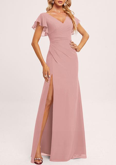 Blush Pink Ruffled V-Neck A-line Chiffon Gown