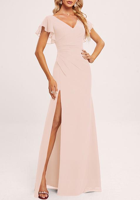 Blush Pink Ruffled V-Neck A-line Chiffon Gown