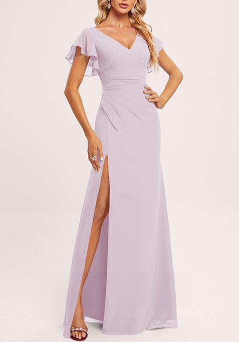 Dusty Lavender Ruffled V-Neck A-line Chiffon Gown