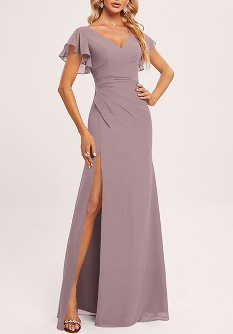 Purple Ruffled V-Neck A-line Chiffon Gown