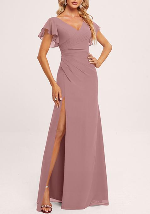 Vintage Mauve Ruffled V-Neck A-line Chiffon Gown