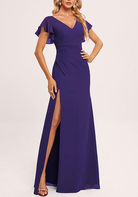 Purple Ruffled V-Neck A-line Chiffon Gown