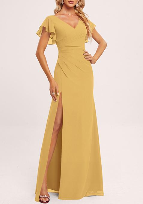 Gold Ruffled V-Neck A-line Chiffon Gown