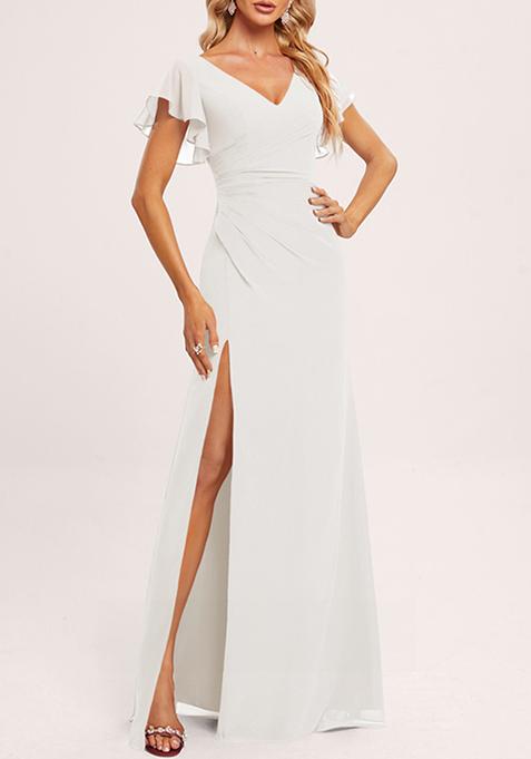 Ivory Ruffled V-Neck A-line Chiffon Gown