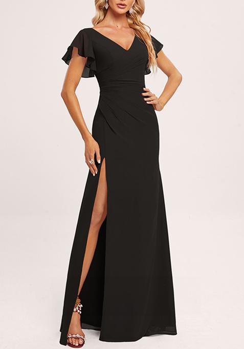 Black Ruffled V-Neck A-line Chiffon Gown