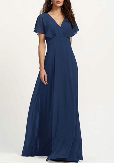 Navy Blue A-line V-Neck Chiffon Gown