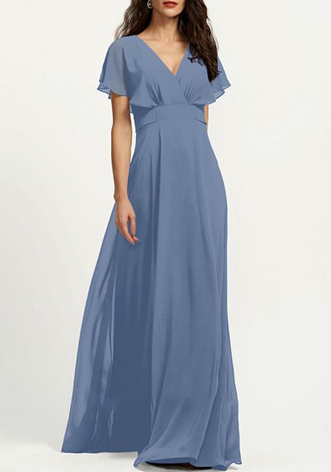 Slate Blue A-line V-Neck Chiffon Gown