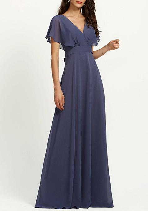 Blue A-line V-Neck Chiffon Gown