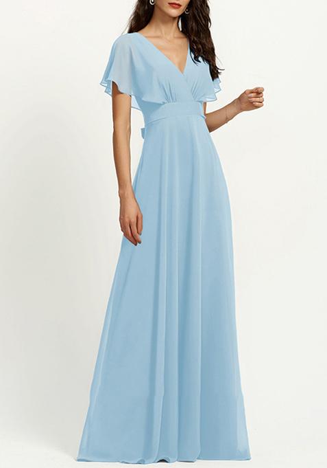 Sky Blue A-line V-Neck Chiffon Gown