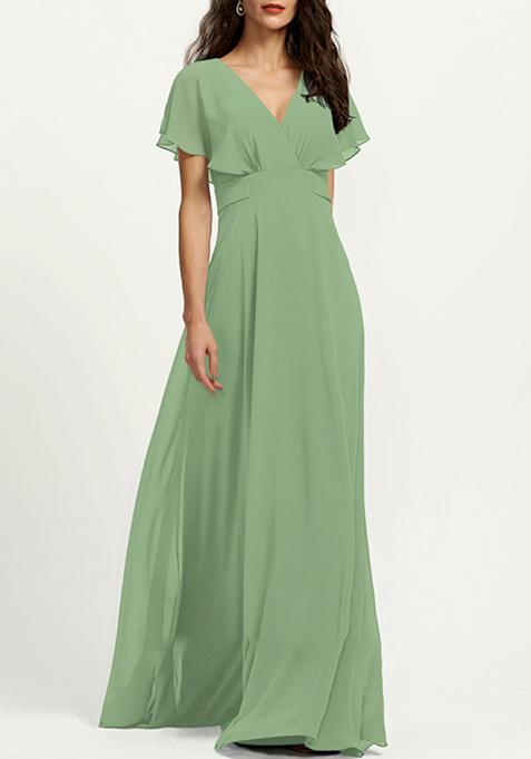 Green A-line V-Neck Chiffon Gown